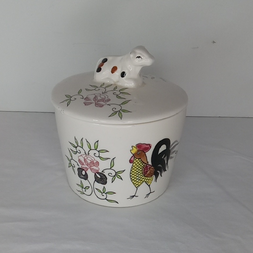 Vintage Ceramic Jar Rooster and Cow Butter Grease Lidded Crock Cottagecore Farm